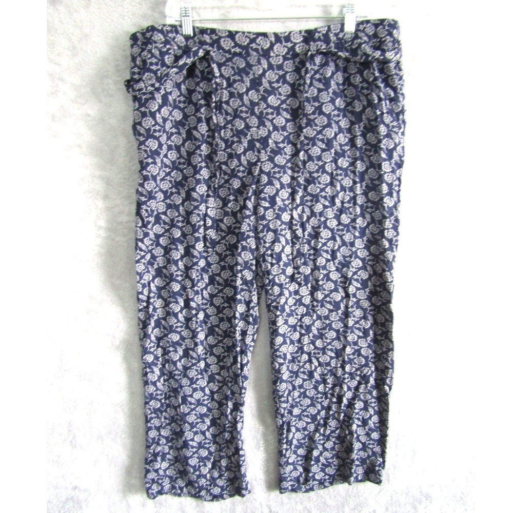 Old Navy Womens XL Navy‎ Blue White Floral Rayon Cropped Wide Leg Capri Pants